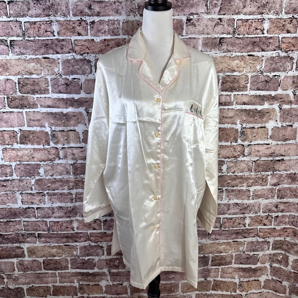 Kathryn Womens Cream Pink Trim Floral Embroidered Pajama Sleepshirt Nightgown L